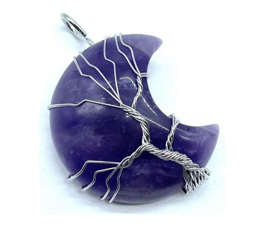 Pendentif Lune Arbre de vie en Améthyste