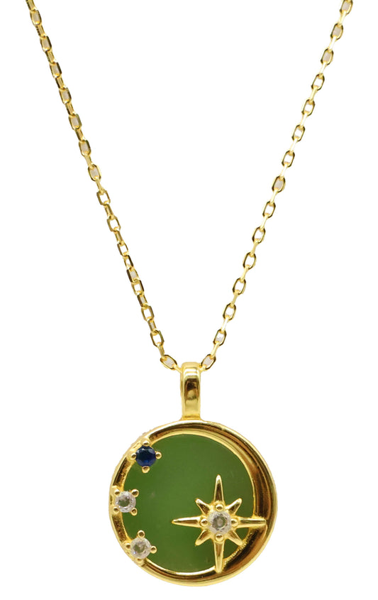 Collier Argent 925 Jade Verte & Etoiles