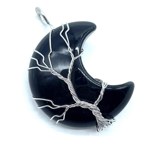 Pendentif Lune Arbre de VIe Obsidienne Noire