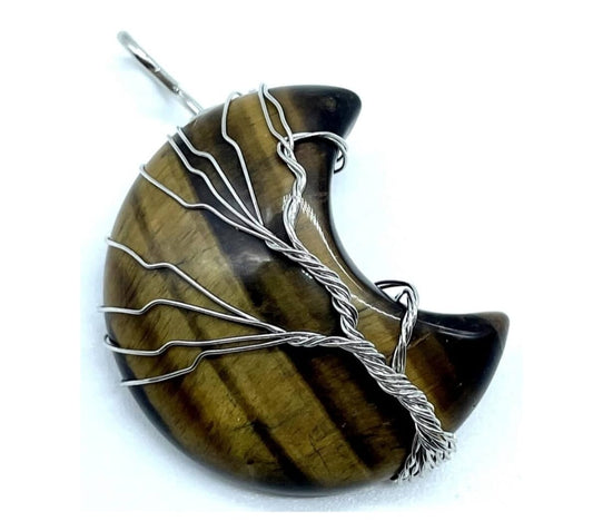 Pendentif Lune et Arbre de Vie Œil de Tigre