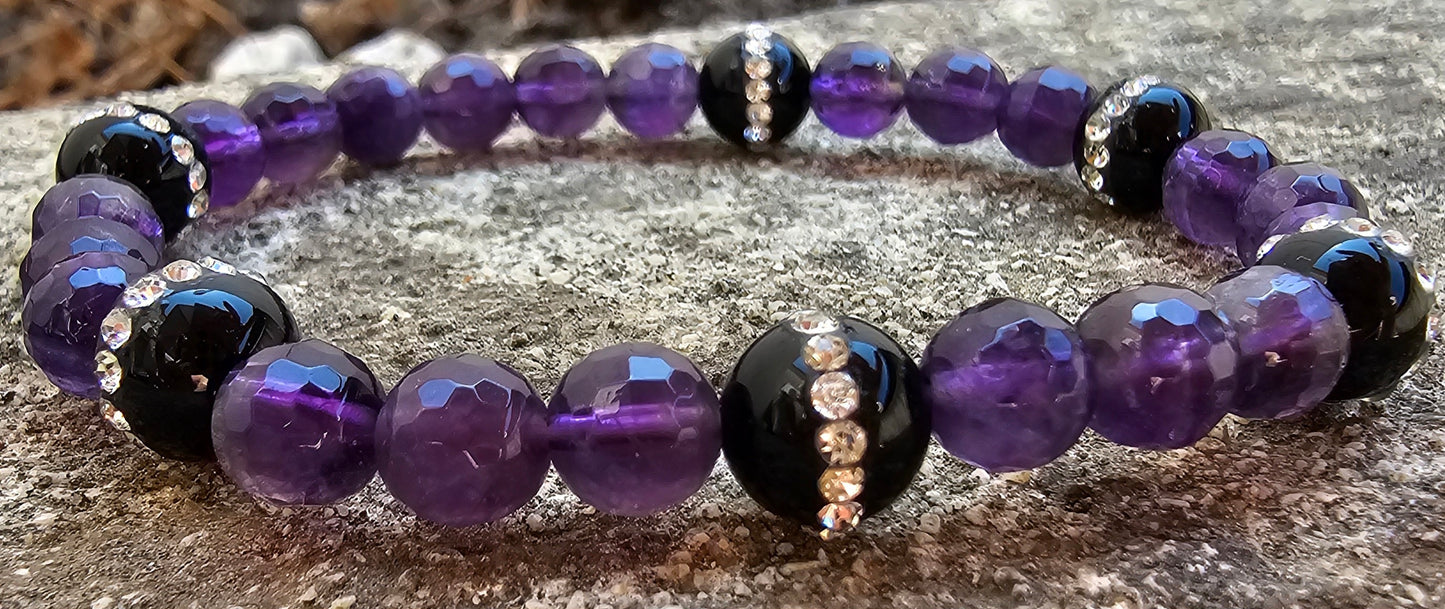 Bracelet Onyx Strass & Améthyste Facettée – Protection Ancrage & Sérénité 💜