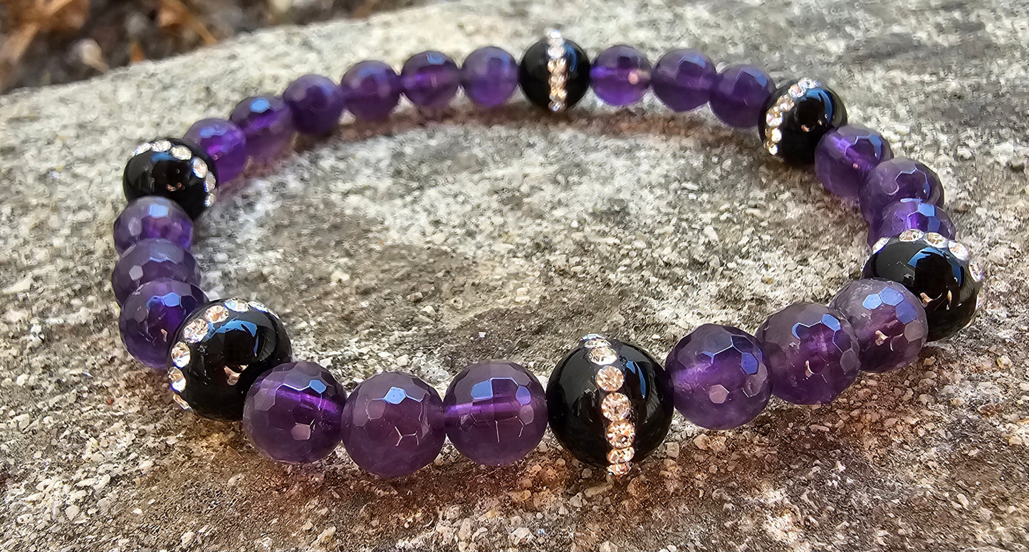 Bracelet Onyx Strass & Améthyste Facettée – Protection Ancrage & Sérénité 💜