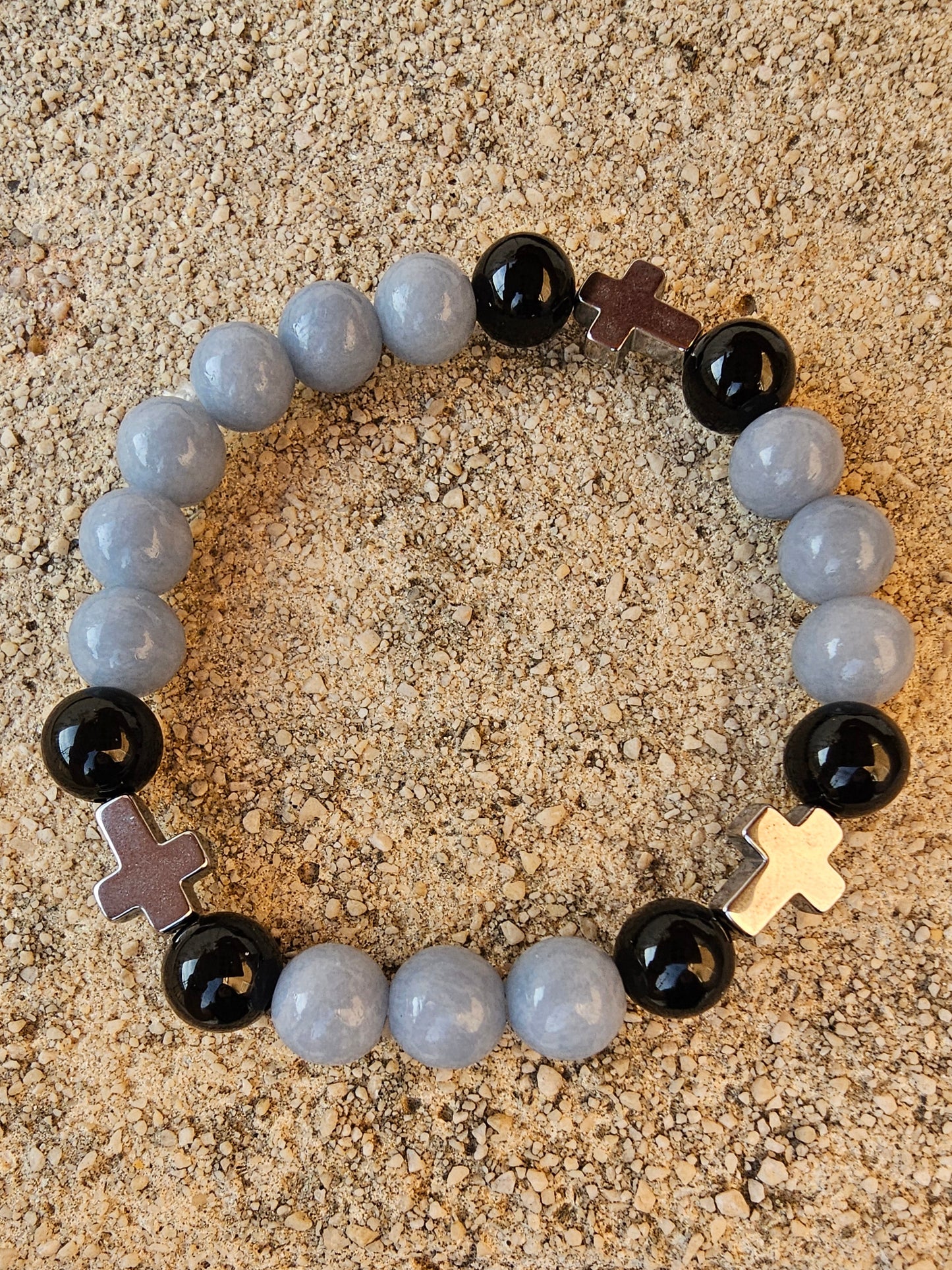 Bracelet Onyx, Angélite & Croix en Hématite - Protection & Paix intérieure