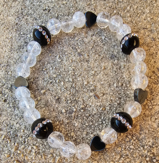 Bracelet Onyx, Cristal de Roche Givré & coeur Hématite ✨