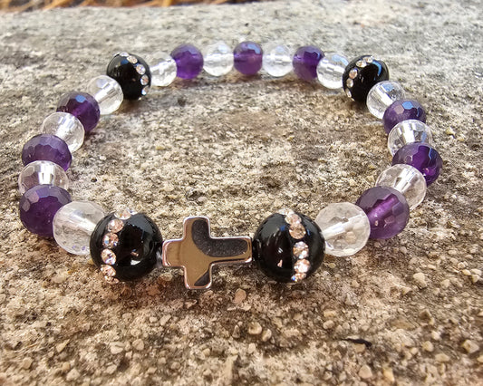 Bracelet Onyx, Améthyste & Cristal du Brésil – Croix en Hématite