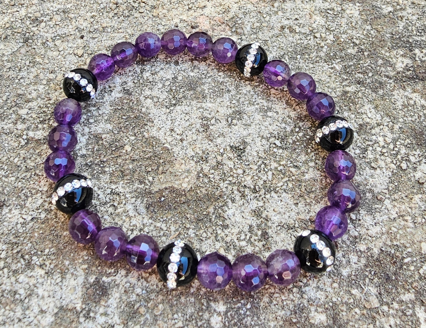 Bracelet Onyx Strass & Améthyste Facettée – Protection Ancrage & Sérénité 💜