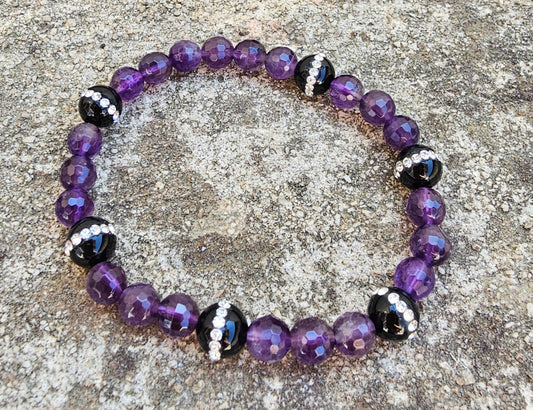 Bracelet Onyx Strass & Améthyste Facettée – Protection Ancrage & Sérénité 💜